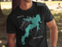 Black t-shirt with turquoise map of Arcadia Lake, Oklahoma and compass.