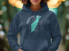 Navy blue hoodie with Moraine Lake map and compass design in teal and white.