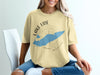 Yellow t-shirt with blue Lake Erie map, compass, and text.