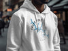 White hoodie with Falls Lake map and compass design, North Carolina.