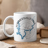 White mug with Summerville Lake map, compass, and "West Virginia" text.