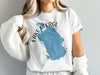 White t-shirt with a blue Lake George Florida map graphic and compass rose.