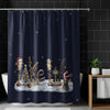 Winter fishing scene on navy shower curtain with snowflakes and Christmas lights.