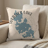 Pillow with blue Webster Lake Massachusetts map and compass rose design.