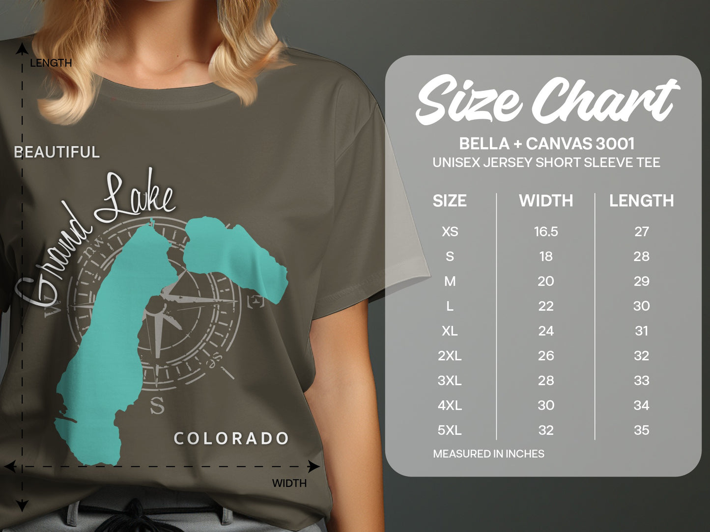 Bella + Canvas 3001 size chart for unisex short sleeve tee.