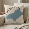 Pillow with blue Lake Quinault map and "Washington" text on beige background.