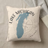 Pillow with blue outline map of Michigan, compass rose, and text "Lake Michigan Indiana."
