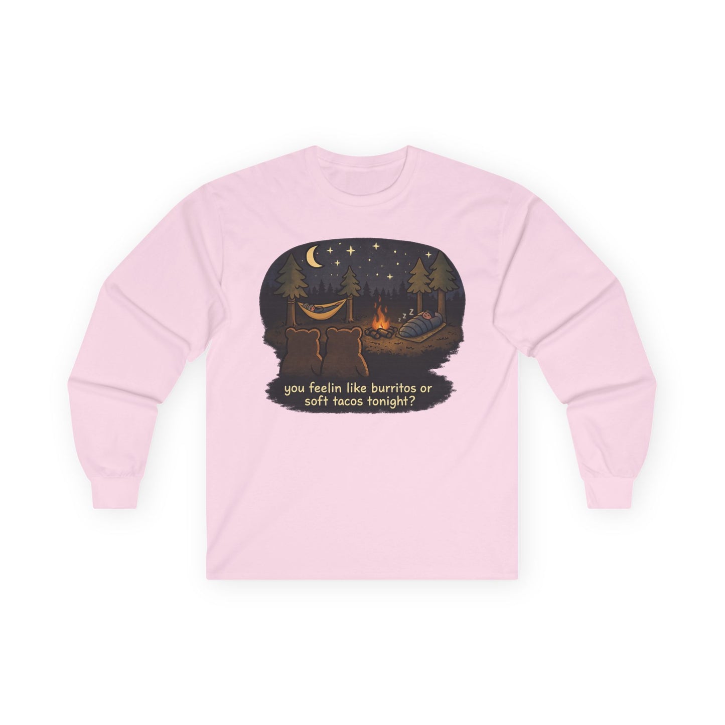 Campfire Bears Humor Long Sleeve T-Shirt, People in Sleeping Bags are Bear Burritos and Tacos Joke, Camping Hiking Shirt