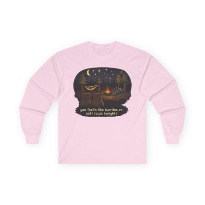 Campfire Bears Humor Long Sleeve T-Shirt, People in Sleeping Bags are Bear Burritos and Tacos Joke, Camping Hiking Shirt