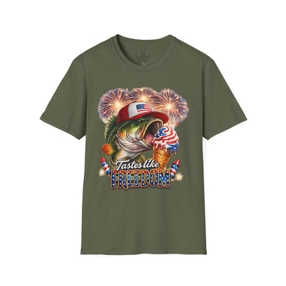 Patriotic Fishing Bass Merica Tastes Like Freedom Ice Cream T-Shirt | Fourth of July Shirt | God Bless America Gift Anglers
