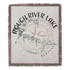 Woven blanket with Rough River Lake Kentucky map and compass design.