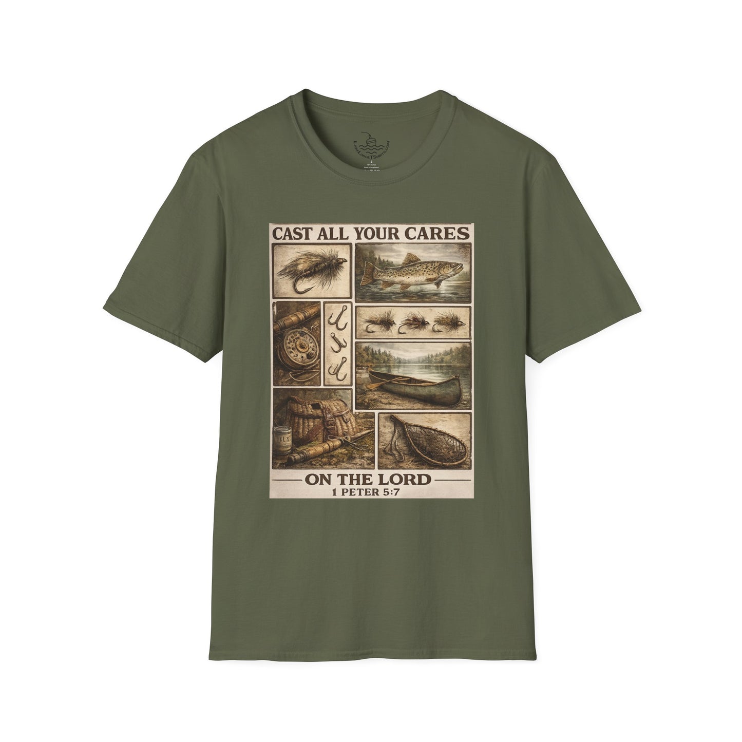 Fly Fishing Cast All Your Cares Upon the Lord Scripture T-Shirt | 1 Peter 5:7 Bible Verse for Fisherman, Father's Day