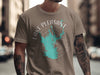 Men's taupe t-shirt with white "Lake Pleasant Arizona" graphic and teal lake map.