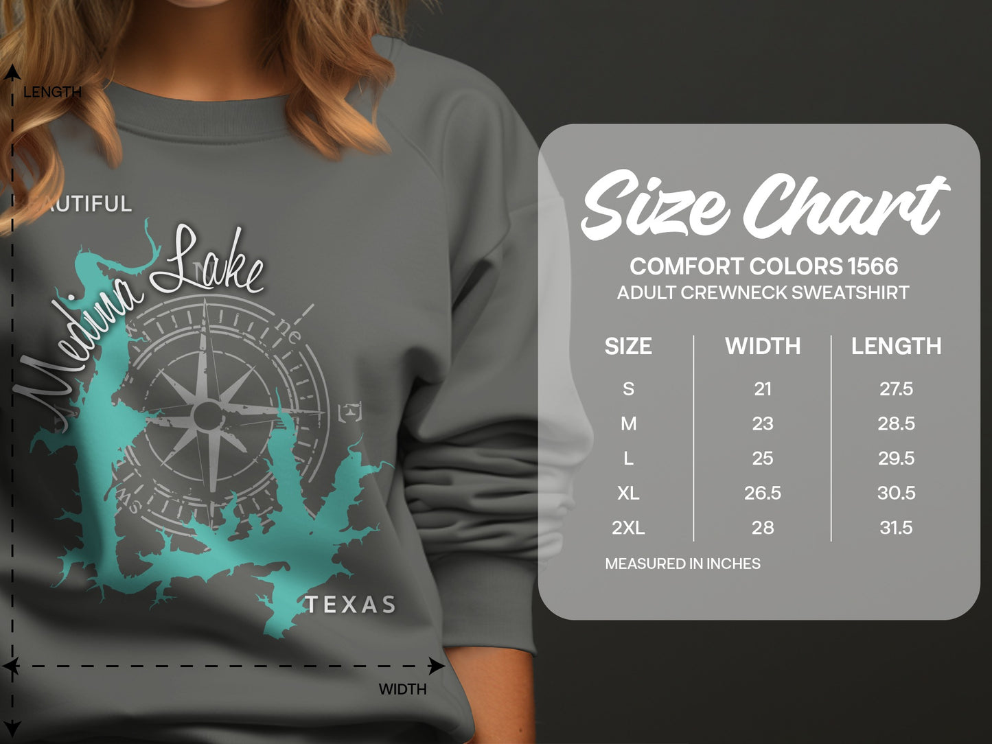 Comfort Colors 1566 adult crewneck sweatshirt size chart with measurements.