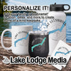 Mug, tumbler, and water bottle with Lake Ullswater map and compass design.
