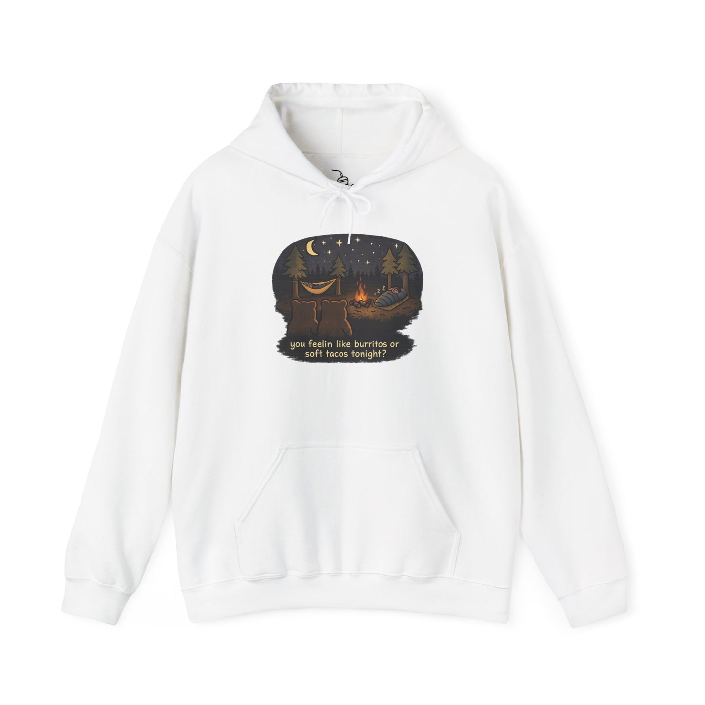 Campfire Bears Humor Hoodie, People in Sleeping Bags are Bear Burritos and Tacos Joke, Camping Hiking Smores Bonfire Apparel