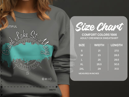 Crewneck sweatshirt size chart with Lake St. Marys graphic.