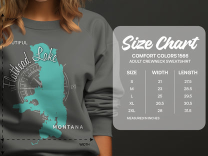 Flathead Lake Montana graphic on sweatshirt with size chart.