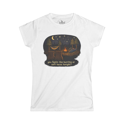 Campfire Bears Humor Women's Cut Shirt, People in Sleeping Bags are Bear Burritos and Tacos Joke, Hiking Smores Bonfire Shirt