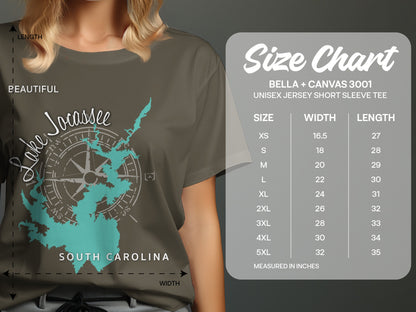 Lake Jocassee graphic on a t-shirt with a size chart.