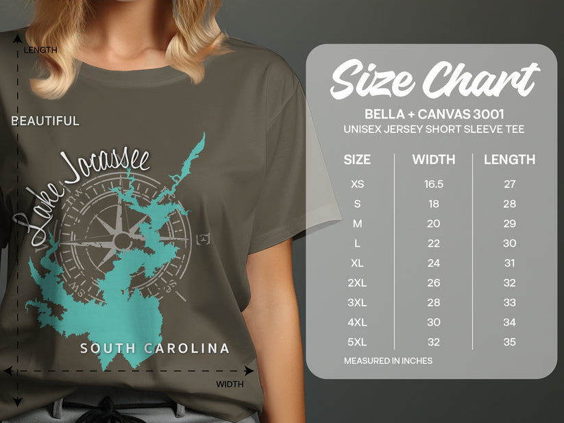 Lake Jocassee graphic on a t-shirt with a size chart.