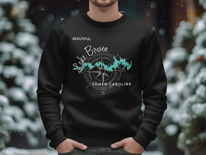 Black sweatshirt with Lake Bowen, South Carolina map and compass graphic.