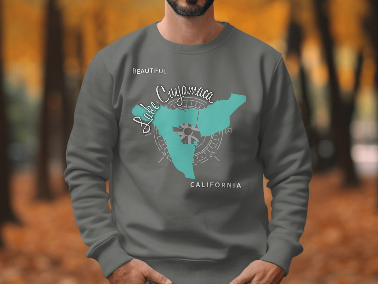 Grey sweatshirt with a turquoise map outline of Lake Cuyamaca, California.
