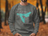 Grey sweatshirt with a turquoise map outline of Lake Cuyamaca, California.