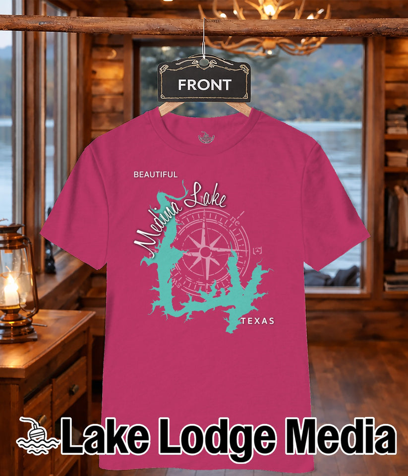 Pink t-shirt with "Beautiful Medina Lake" text and Texas map graphic.