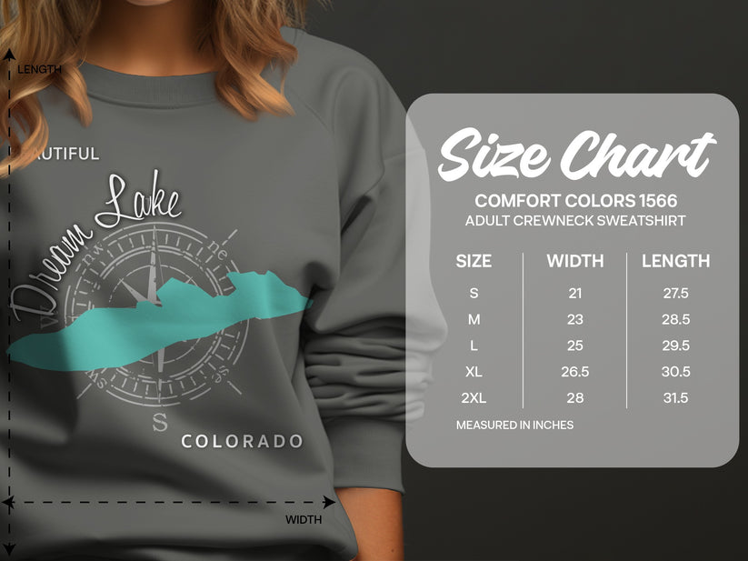 Size chart for Comfort Colors 1566 adult crewneck sweatshirt with measurements.