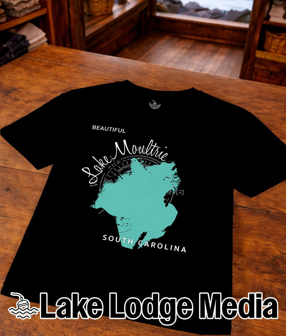 Black t-shirt with "Beautiful Lake Moultrie South Carolina" text and map graphic.
