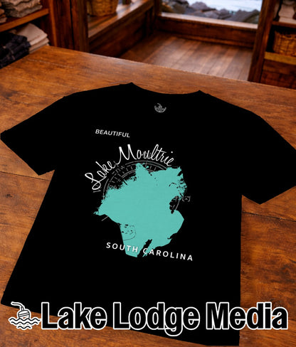 Black t-shirt with "Beautiful Lake Moultrie South Carolina" text and map graphic.