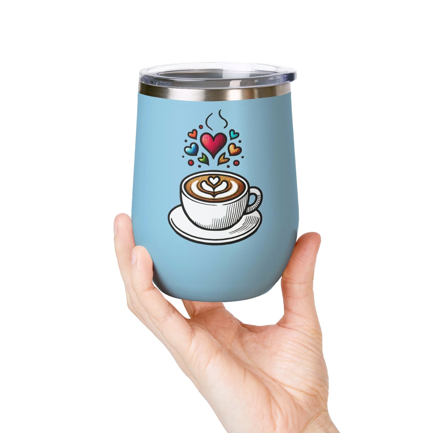 Charming Coffee Wine Tumbler with Lid for Coloring Book Lovers, Heart and Latte Design, Stainless Steel