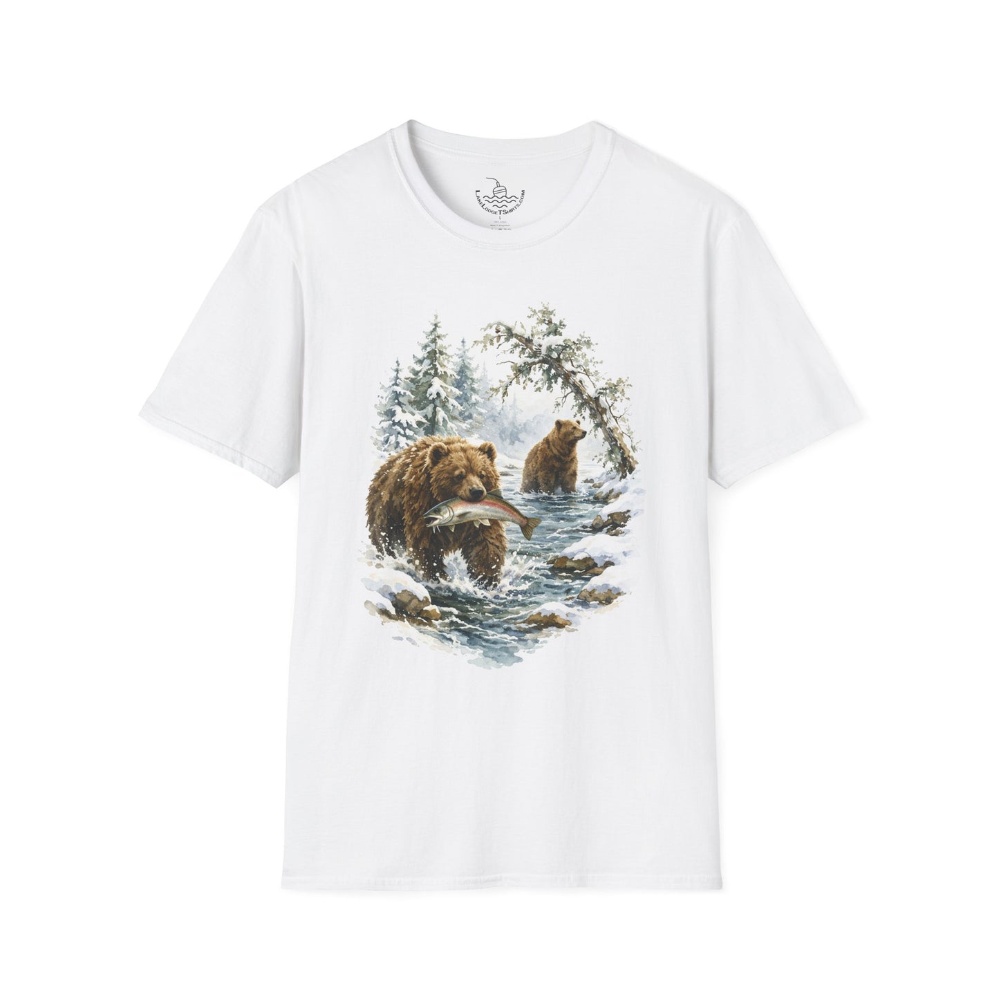 Kodiak Winter Brown Bear Fishing T-Shirt | Wildlife Salmon Catch Nature Lover Tee | Rustic Forest Animal Art Gift Shirt