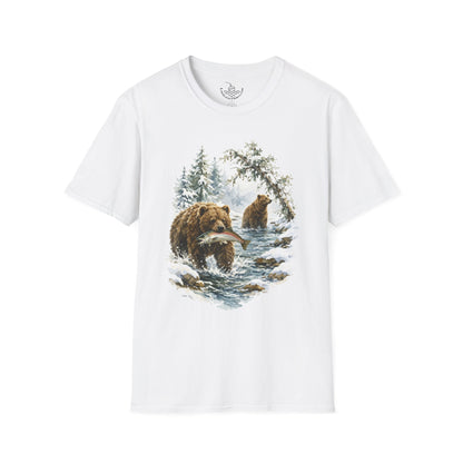 Kodiak Winter Brown Bear Fishing T-Shirt | Wildlife Salmon Catch Nature Lover Tee | Rustic Forest Animal Art Gift Shirt