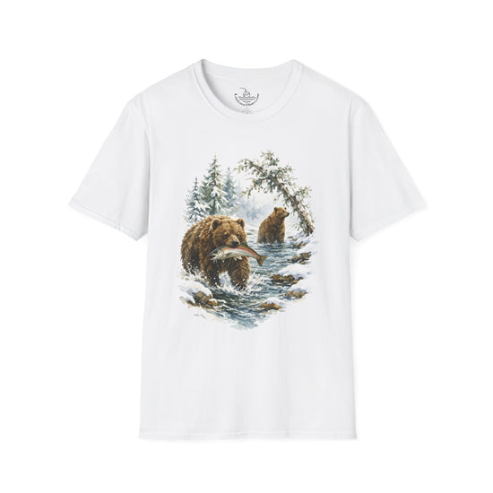 Kodiak Winter Brown Bear Fishing T-Shirt | Wildlife Salmon Catch Nature Lover Tee | Rustic Forest Animal Art Gift Shirt