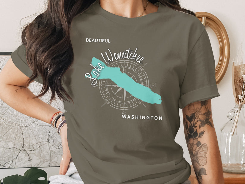 T-shirt with Lake Wenatchee map and compass graphic.