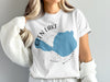 White t-shirt with blue Glen Lake Michigan map and compass graphic.