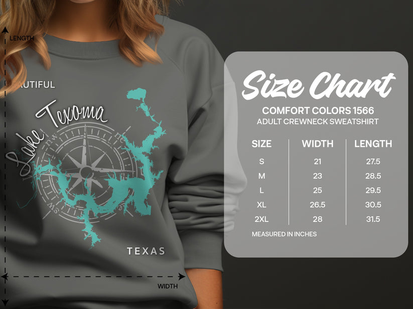 Comfort Colors 1566 sweatshirt size chart showing measurements in inches.
