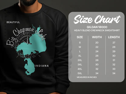 Sweatshirt size chart with lake graphic and text "Beautiful Big Chapman Lake Indiana".