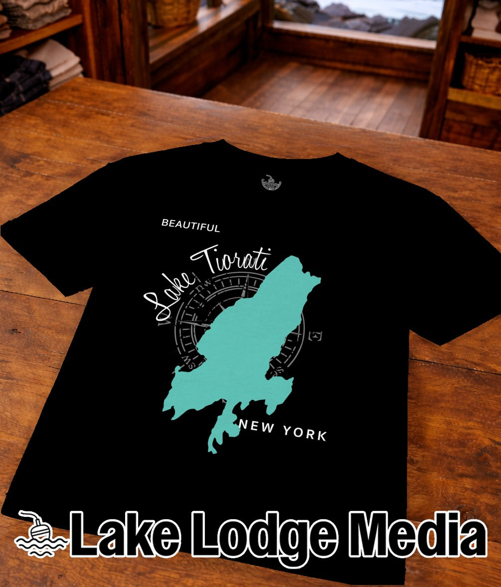 Black t-shirt with teal Lake Tiorati map graphic and "Lake Lodge Media" text.