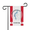 Garden flag with Abraham Lake map, compass rose, and "The Smith Family" text.