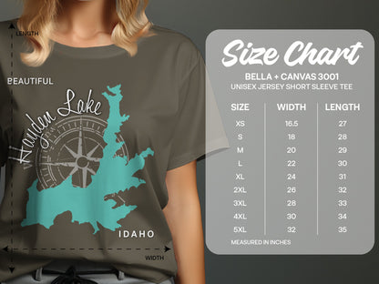 T-shirt with Hayden Lake graphic and size chart information.