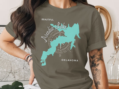 T-shirt with turquoise map of Arcadia Lake, Oklahoma and compass rose design.