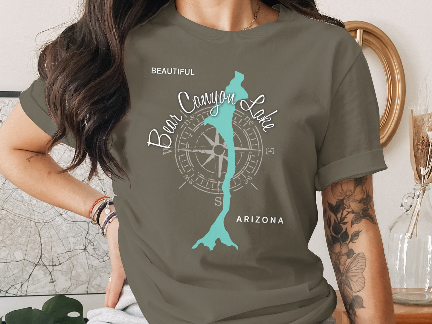 Bear Canyon Lake Arizona compass graphic on a dark grey t-shirt.