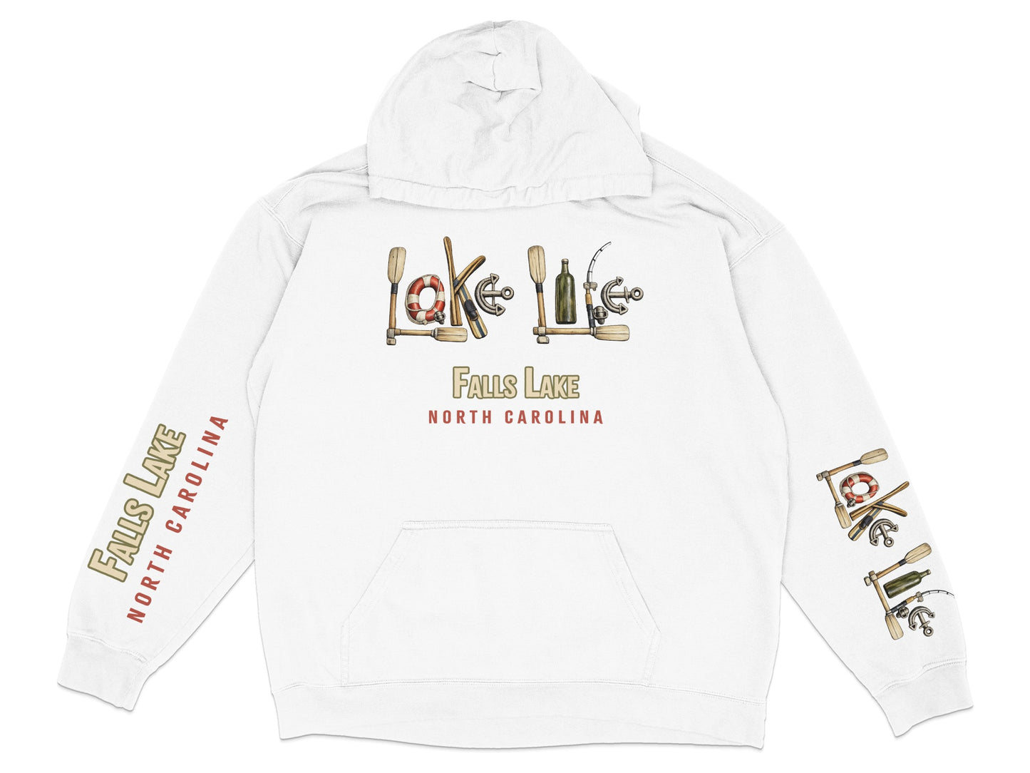 White hoodie with "Falls Lake North Carolina" graphics on chest and sleeves.