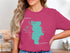 Pink t-shirt with teal Lake Piru map and compass rose design.