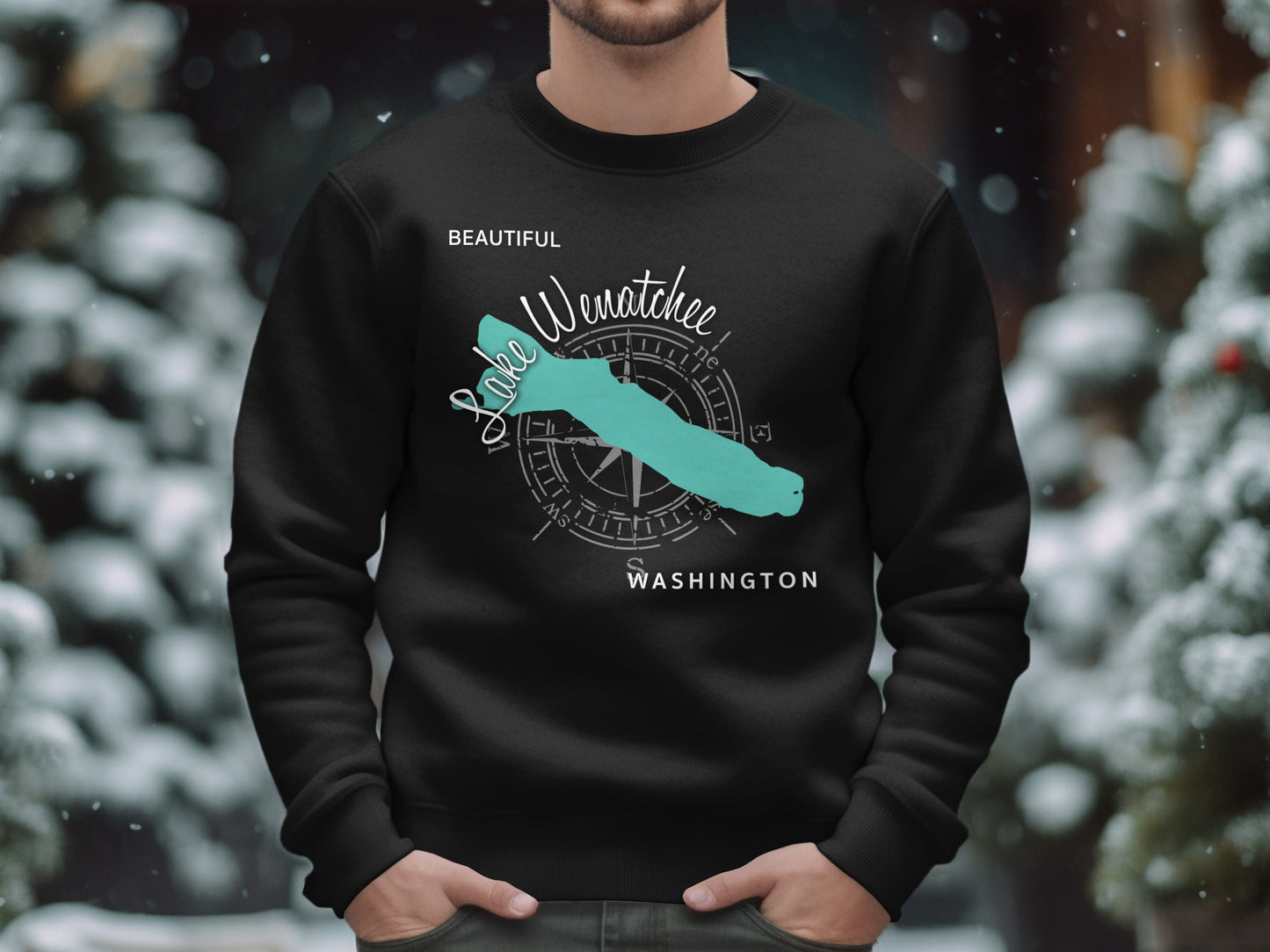 Black sweatshirt with "Beautiful Lake Wenatchee Washington" and compass rose design.