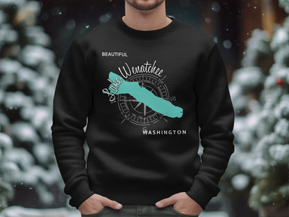 Black sweatshirt with "Beautiful Lake Wenatchee Washington" and compass rose design.