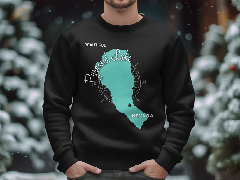 Black sweatshirt with Pyramid Lake, Nevada map and compass design.